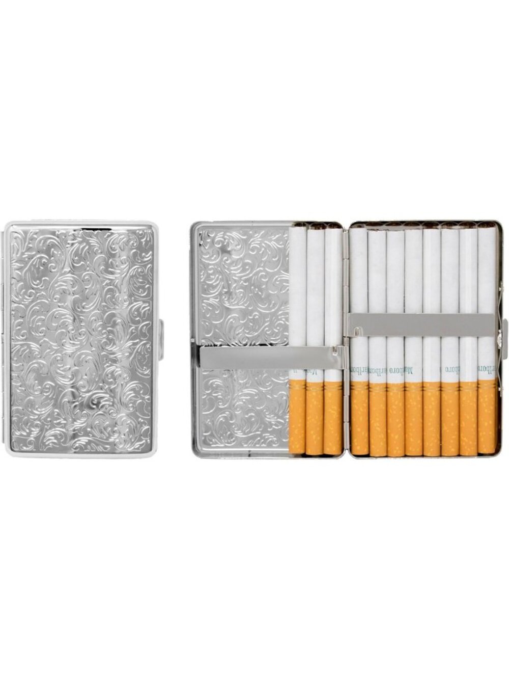 Stylish Set of 2 Metal-Plated Compact Cigarette Cases & Stash Boxes - Silver